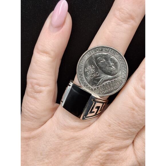 Men's Black Onyx Ring, Size 11.75, 925 Silver, Signet, Bold Modern Greek Style - Picture 5 of 10